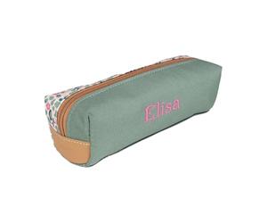 Amikado Tann's Trousse Iris Personnalisée avec Broderie Prénom, 1 Compartiment, Motif Fleuri, Polyester Recy initions Croûte de Cuir, Fournitures Scolaires Enfant, 21 x 7,5 x 7,5 cm