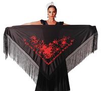 AMINA JAADE Spanish Flamenco Shawl Châle Pashmina, Noir/Broderie Rouge, L Femme