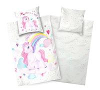 Aminata Kids Parure de lit 135 x 200 cm pour enfant en flanelle de coton - Motif licorne - Blanc et rose - Parure de lit réversible 2 pièces - Motif arc-en-ciel - Housses de couettes - Couette enfant