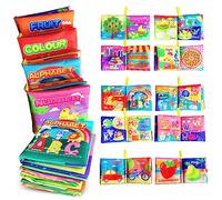 AMINFUN Lot de 4 livres en tissu doux pour bébé de 0 à 6 mois, livre d'apprentissage pour bébé (ABC-Z, 1 à 10, couleur, fruits, lot de 4), toucher et toucher froissé pour nourrissons de 6 à 18 mois