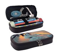 AMINNU Coconut Beach Sunset Hamac Trousse à crayons en cuir durable avec fermeture éclair Convient pour les écoles et les bureaux Unisexe, Noir , Taille unique, Trousse de maquillage