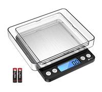 AMIR Balance de Cuisine, Balance de Précision Cuisine, 3kg/0.1g, Balance de Poche de Precision, Écran LCD Rétroéclairé, avec Fonction Tare et Compte, 2 Pallets (Acier Inoxydable&Noir)