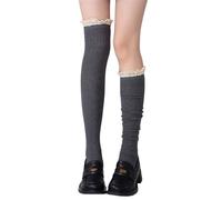 AMISENK Bas au-dessus du genou pour femme JK Students High Tube Socks Lolitas Lace Frilly Cuissardes Bas au-dessus du genou Bottes à volants pour femme, gris, taille unique