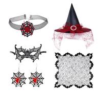 AMISENK Costume de sorcière pour femme, chapeau ras du cou, boucles d'oreilles, œil pour adulte, costume d'Halloween pour bal masqué, cosplay, cape de sorcière noire, Rouge, taille unique