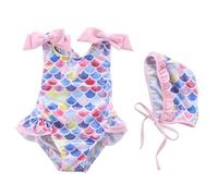 AMISENK Maillot de bain monokini pour filles avec bonnet de bain imprimé écailles de poisson arc-en-ciel maillots de bain sans manches avec sangle nœud pour enfants