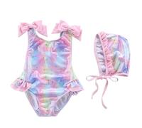 AMISENK Maillot de bain monokini pour filles avec bonnet de bain imprimé écailles de poisson arc-en-ciel maillots de bain sans manches avec sangle nœud pour enfants