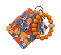 AMISENK Porte-clés portefeuille avec dragonne, petit porte-cartes de crédit, chaîne, bracelet, pompons, perles, anneaux pour femme, citron
