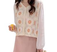 AMISENK Sweet-Flower Broderie Manches Longues Chemise Creux Crochet Bouton Down Cardigan Top Patchwork Crop Top Blouses Chemise Manches Longues Bouffantes, a, taille unique
