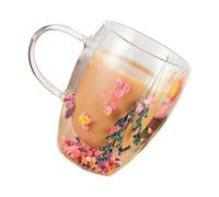 AMISENK Tasse en verre double couche avec poignée pour boissons chaudes et froides - Tasse transparente avec décoration élégante de fleurs séchées - 350 ml