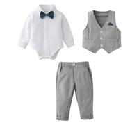 Amissz Costumes de Bébé Garçon Baptême Tenue Mariage Parti Bebe pour Ceremonie Ensemble de Barboteuse + Gilet + Pantalon Vêtement Bleu Marine 18-24 Mois