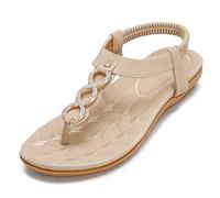 Amissz Femmes Sandales Plates Été Casual T-Strap Strass Bohème Fleur Glisser sur Les Chaussures Tongs de Plage Vacances Style 2 Abricot 38EU