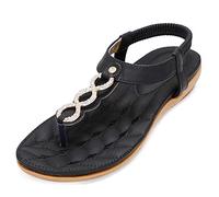 Amissz Femmes Sandales Plates Été Casual T-Strap Strass Bohème Fleur Glisser sur Les Chaussures Tongs de Plage Vacances Style 2 Noir 39EU