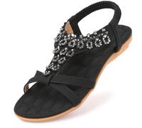 Amissz Femmes Sandales Plates Été Casual T-Strap Strass Bohème Fleur Glisser sur Les Chaussures Tongs de Plage Vacances Noir
