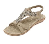 Amissz Sandales Femme Été Confortable Plate Chaussures Mode Casual T-Strap Respirantes Bohême Tongs Bout Ouvert Sandales avec Plat Vacances Style 4 Abricot 38EU