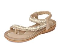 Amissz Sandales Femmes Plates Été Chaussures éLastiques Plage BohèMe Strass Fleurs Femme Confortable PU Tongs Orteils SéParateurs Style 1 Abricot 42 EU