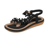 Amissz Sandales Femmes Plates Été Chaussures éLastiques Plage BohèMe Strass Fleurs Femme Confortable PU Tongs Orteils SéParateurs Style 2 Noir 42 EU