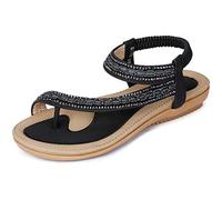 Amissz Sandales Femmes Plates Été Chaussures éLastiques Plage BohèMe Strass Fleurs Femme Confortable PU Tongs Orteils SéParateurs Style 1 Noir 44 EU