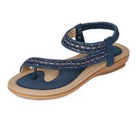 Amissz Sandales Femmes Plates Été Chaussures éLastiques Plage BohèMe Strass Fleurs Femme Confortable PU Tongs Orteils SéParateurs Style 1 Bleu 42 EU