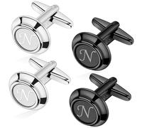 AMITER Lot de 2 paires de boutons de manchette classiques pour homme avec initiale A-Z, 26 lettres (argent + noir), 16mm, Laiton, Sans pierre précieuse