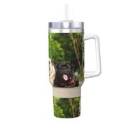 Amitié de carlins Bokeh Chiens Animaux de compagnie Amis Carlin,Gobelet isotherme Ice Bully de 40 oz avec poignée, couvercle et paille, en acier inoxydable, pour voiture ou café.