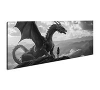 Amitié des dragons, sommet de montagne, enfant étonné panoramique 120 x 60 cm Effet : noir et blanc comme toile - Motif monté sur cadre en bois véritable - Impression numérique de qualité supérieure