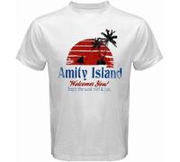 Amity Island Jaws Movie Shark Men's White T-Shirt Manches Courtes(X-Large)