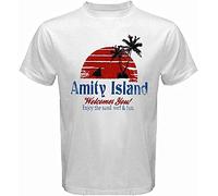 Amity Island Jaws Movie Shark Men's White T-Shirt T-Shirts à Manches Courtes(Large)