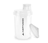 AMITYUNION Protein Shaker 300 ml Heaven étanche, sans BPA avec tamis cliquable et balance pour shakes de lactosérum crémeux, coupes de fitness pour isolats et concentrés sportifs, original en Blanc