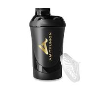 AMITYUNION Protein Shaker Deluxe 800 ml Sans BPA, étanche, avec tamis et balance pour shakes protéinés crémeux, tasse de fitness pour isolats et concentrés sportifs, noir avec logo doré