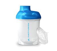 AMITYUNION Protein Shaker White Blue Deluxe 400 ml - Shaker protéiné étanche - Sans BPA avec tamis et balance pour shakes crémeux de protéines de lactosérum en poudre - Gym Fitness Bottle for isolats