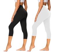 AMIYOYO Lot de 2 leggings 3/4 pour femme, taille haute, opaque, court, pantalon de sport élastique, pour yoga, fitness, plein air, loisirs, Legging Capri noir + blanc, 36-42