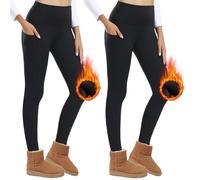 AMIYOYO Lot de 2 Leggings Thermiques Femme Taille Haute avec Poches - Doublés en Polaire, Opaques, Chauds - Noir x 2, XXL