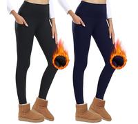 AMIYOYO Lot de 2 Leggings Thermiques pour Femme avec Poches, Doublés, Taille Haute, en Polaire, Opaques, Chauds - Noir + Bleu Foncé, XXL