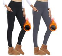 AMIYOYO Lot de 2 leggings thermiques pour femme avec poches, doublés, taille haute, en polaire, opaques, chauds, Noir + gris foncé., XXL
