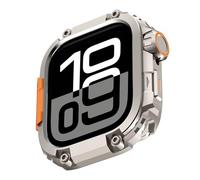 Amizee 2 in 1 Métal Armor Coque avec Apple Watch Série 11/10 46mm avec Couverture Arrière, Militaire Grade Protection Robuste Protecteur Bumper Coque pour iWatch 46mm, Titane/Orange