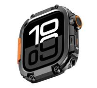 Amizee 2 in 1 Métal Armor Coque avec Apple Watch Série 11/10 46mm avec Couverture Arrière, Militaire Grade Protection Robuste Protecteur Bumper Coque pour iWatch 46mm, Noir/Orange