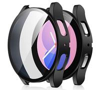 Amizee 2 Pièces Coque Compatible avec Samsung Galaxy Watch 5 Watch 4 44mm avec Protection Écran, Ultra Mince Étui Dur de Anti-Rayures Verre Trempé Écran Coque pour Galaxy Watch4/5 (Noir/Clair)