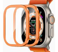 Amizee 2 Pièces Protection Écran pour Apple Watch Ultra 3/2/1 49mm, Verre Trempé Cadre Alliage D'aluminium Anti-Rayures Housse Coque pour iWatch 49mm, A-Orange