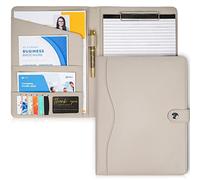 AMKSONS Geschäft AMKSONS Portfolio Folder a4 en gris clair avec presse-papiers et bloc-notes A4 - Dossier presse-papiers en cuir PU de qualité supérieure avec compartiments pour documents,