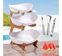 AmkWood Corbeille a Fruit 3 Etages en Plastique, DéCoration De Table Corbeille De Fruits, Bol à Fruits en Plastique avec Support en Bois pour Fruits, Légumes, Collations, Noix