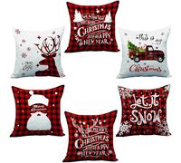 AMLOOPH Lot de 6 housses de coussin de Noël carrées en peluche douce pour décoration d'intérieur - Motif tartan rouge et noir - 45 x 45 cm