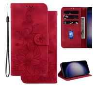 Ammeer Coque pour Xiaomi Redmi 13C 4G/5G/Poco C65 4G/POCO M6 5G/Redmi 13R 5G, Relief Fleur Modèle Magnétique Flip Folio Cover Téléphone Housse Étui Wallet Portefeuille Case PU Cuir Supporter - Rouge