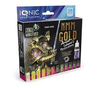 Ammo Ionic NMM doré. Le kit Ionic comprend 10 couleurs acryliques et 2 encres, spécialement conçues pour fournir les couleurs essentielles pour peindre des métaux non métalliques en miniatures