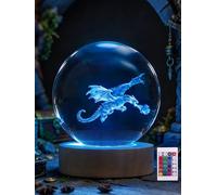 Ammonite Boule de cristal Dragon - 16 couleurs changeantes avec télécommande - Base en bois LED alimentée par USB - Verre transparent de 80 mm - Cadeau d'anniversaire pour enfants