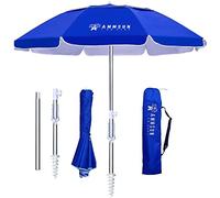 AMMSUN Parasol de plage portable pliable en deux fois avec ancre de sable, coupe-vent, bouton-poussoir d'inclinaison et grille d'aération, protection UV 50+, s'adapte dans une grande valise pour