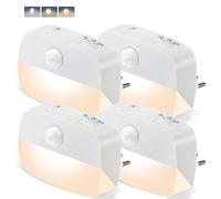 AmmToo Lot de 4 Lampes Nuit avec Détecteur de Mouvement, Veilleuse Prise LED 3 CouleursGradation Continue, 3 Modes (Marche/Auto/Arrêt), Éclairage Automatique pour Chambre Enfant Couloir Escalier Cave