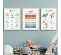 AmNooL Bilingue français apprentissage de l'éducation alphabet numérique affiche impression murale peinture sur toile enfants salle de classe décoration sans cadre-B_30x40cmX3