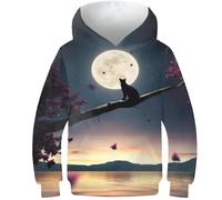 AMNOOL Mode décontracté Chat Lune et étoiles Sweat à Capuche pour Hommes Femmes Enfants Impression 3D Sweats garçon Fille Enfants Hauts Pull 12-14Y