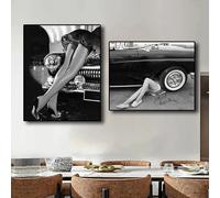AmNooL Noir et blanc Vintage femmes toile art poster voiture fille impression salon peinture image décor sans cadre-30x40cmX2