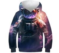 AMNOOL Sweat à Capuche à Manches Longues pour Enfants et Adolescentes Impression 3D Astronaute dans l'espace Pull à Poche 12-14 Ans